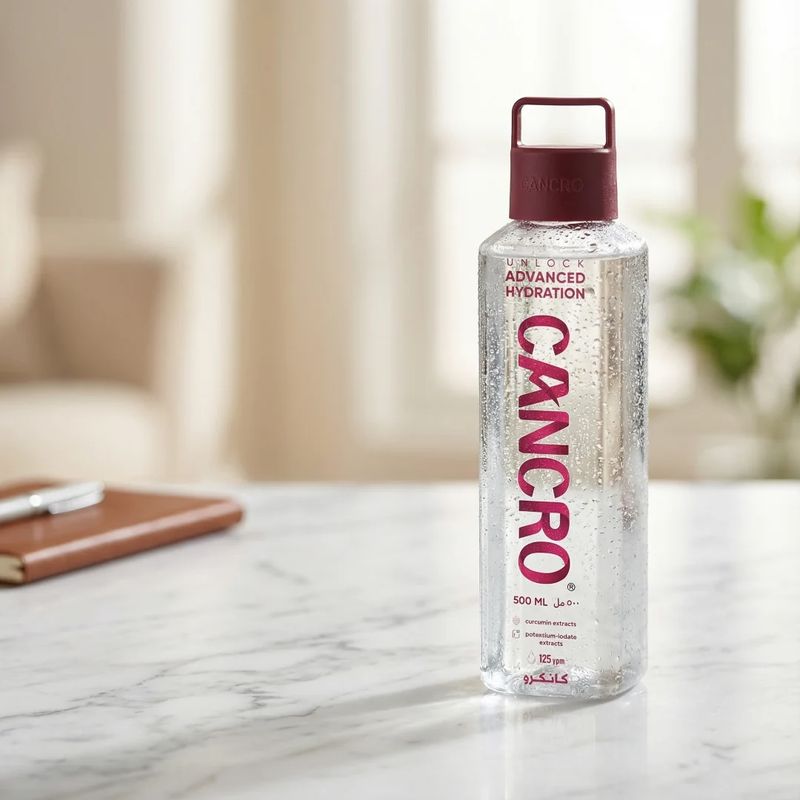 A Cancro 500ml bottle with its burgundy loop cap on a stone counter
