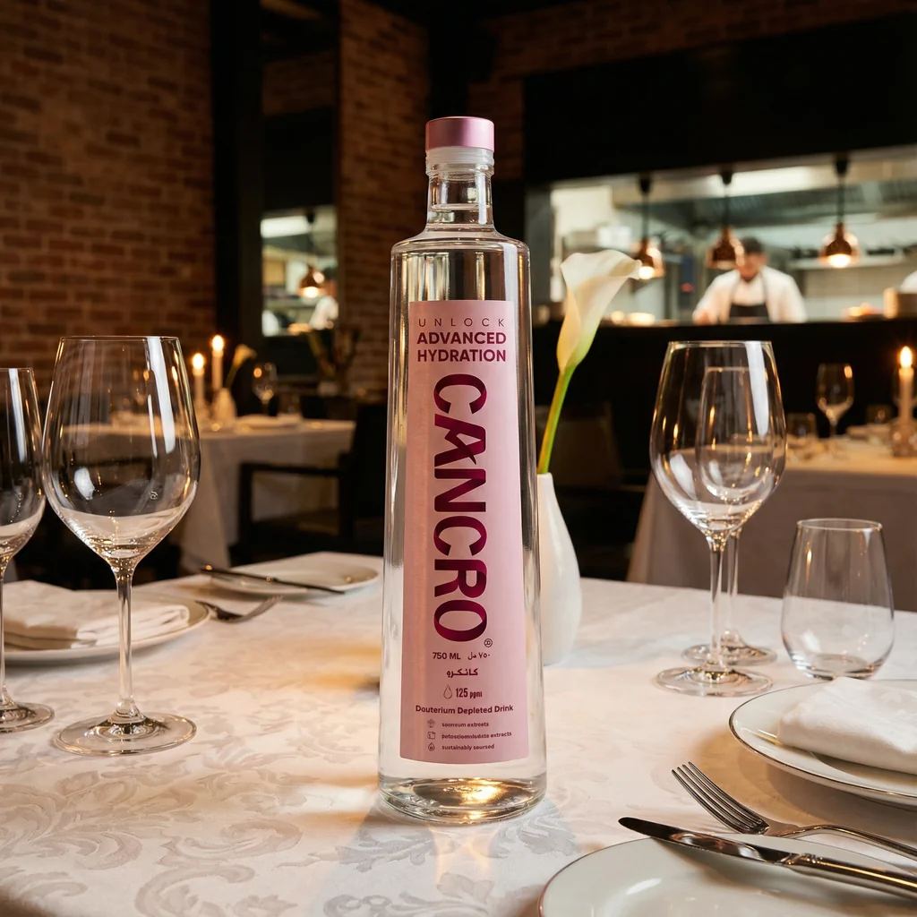 A Cancro 750ml glass bottle on a set dinner table