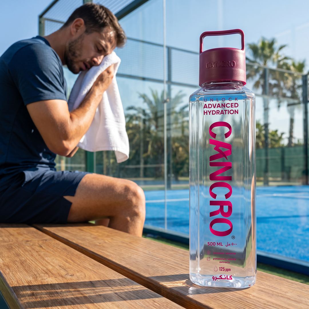 A padel player towelling off courtside, a Cancro bottle on the bench beside him