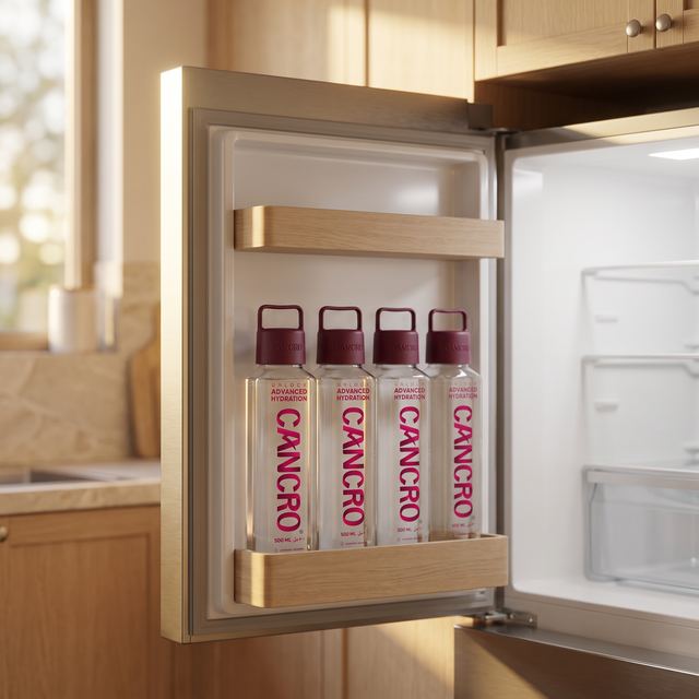 An open fridge door stocked with a row of Cancro bottles
