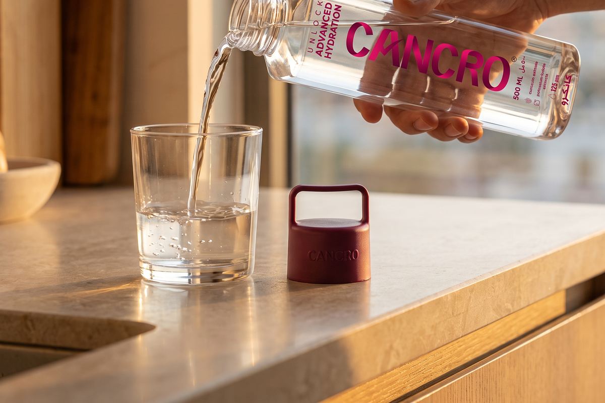 Water poured from a Cancro bottle into a glass on a kitchen counter, the burgundy cap set beside it