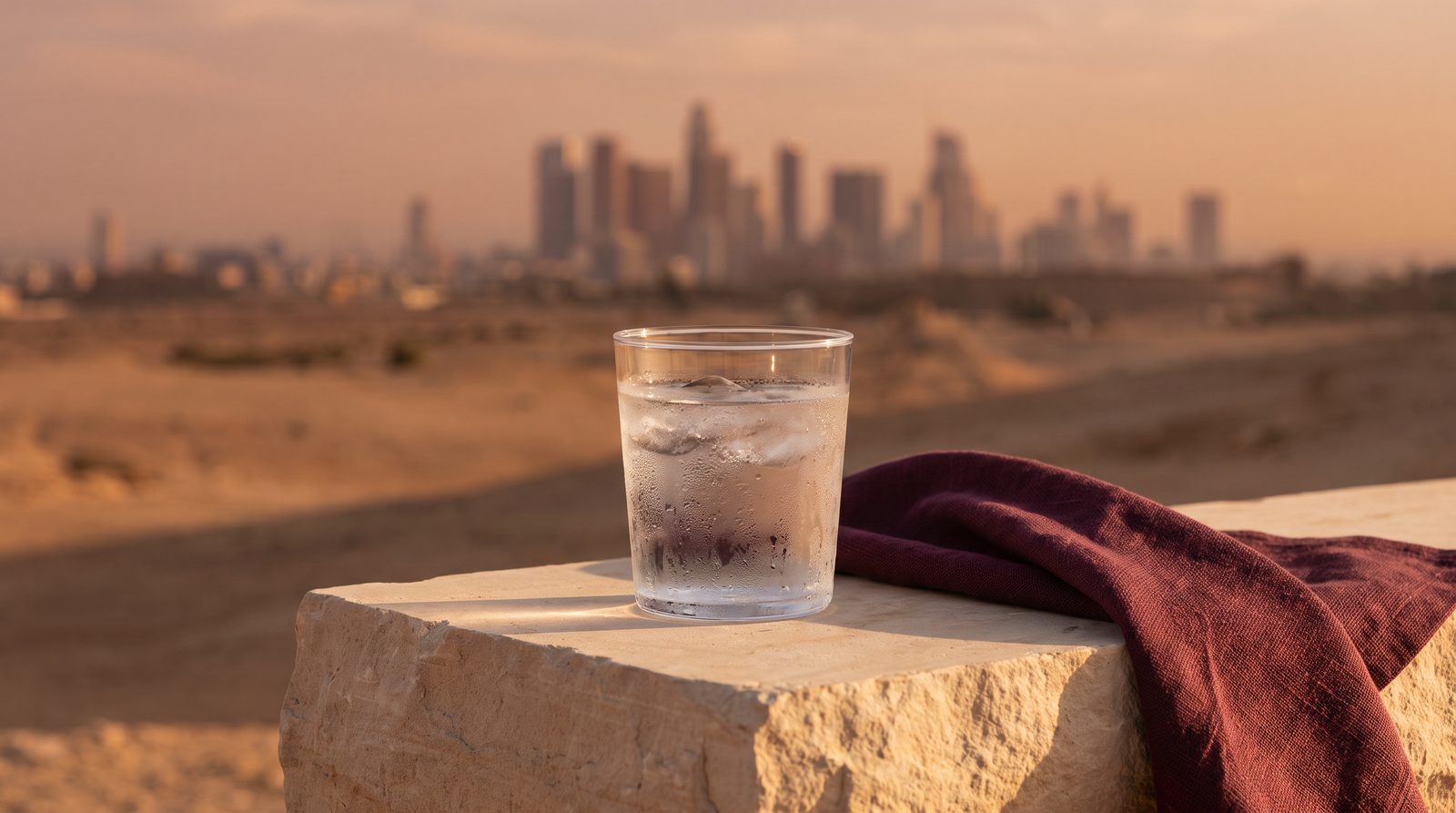 A glass of chilled water on a pale stone ledge with a distant city skyline at golden hour