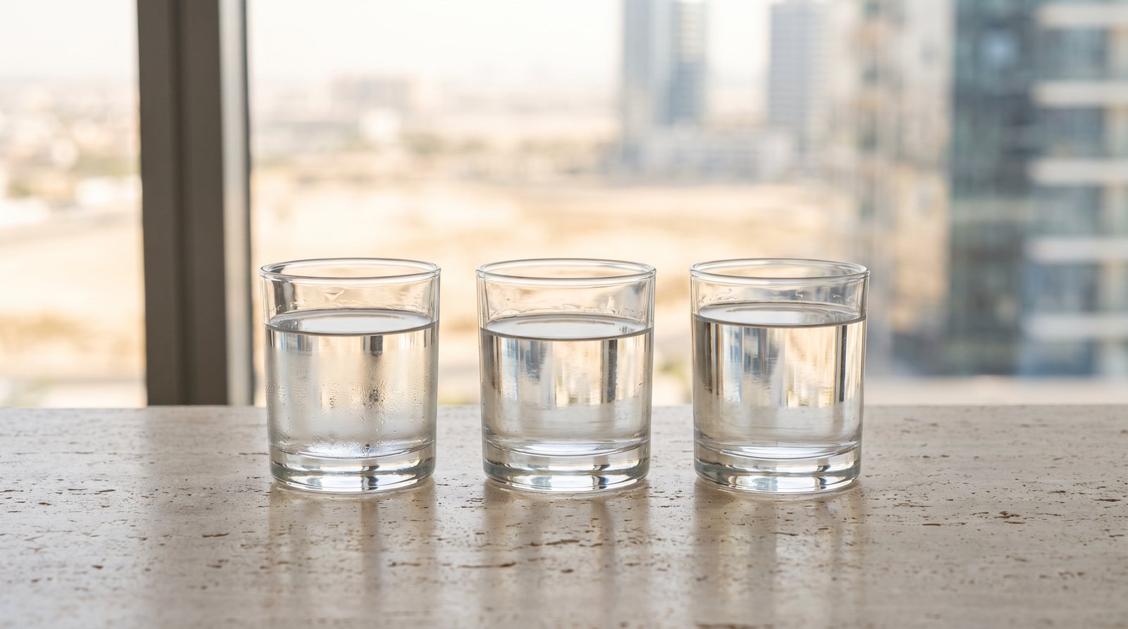 Three identical glasses of water in a row on a travertine counter, comparing alkaline vs hydrogen vs deuterium-depleted water