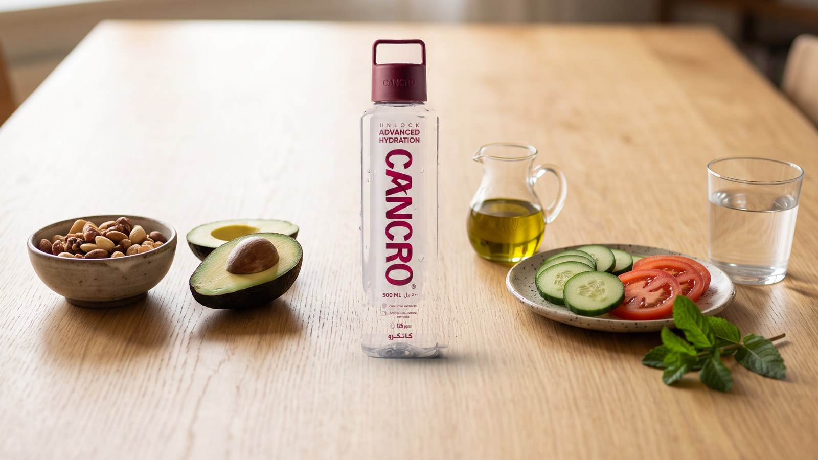 A morning table with nuts, avocado, olive oil, cucumber and tomato, a glass of water and a Cancro 500ml bottle