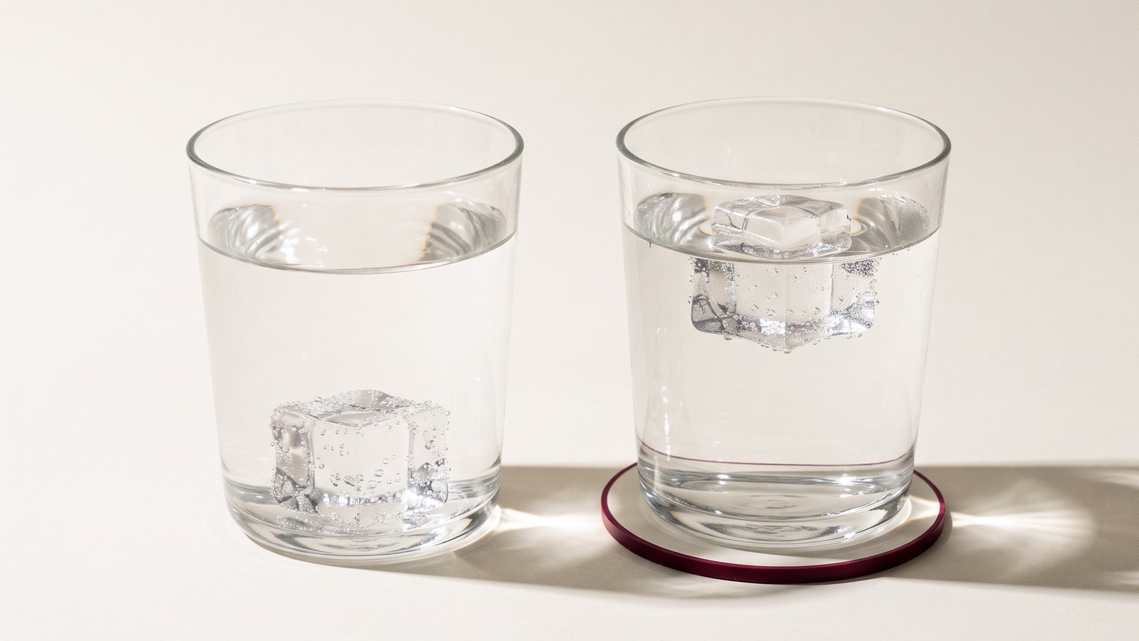 Two glasses of water: in one an ice cube has sunk to the bottom, as heavy-water ice does, in the other an ordinary ice cube floats