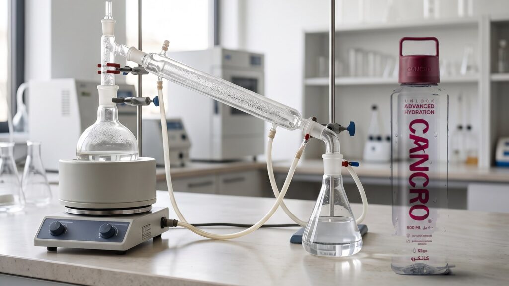 A glass vacuum-distillation setup on a laboratory bench beside a Cancro 500ml bottle