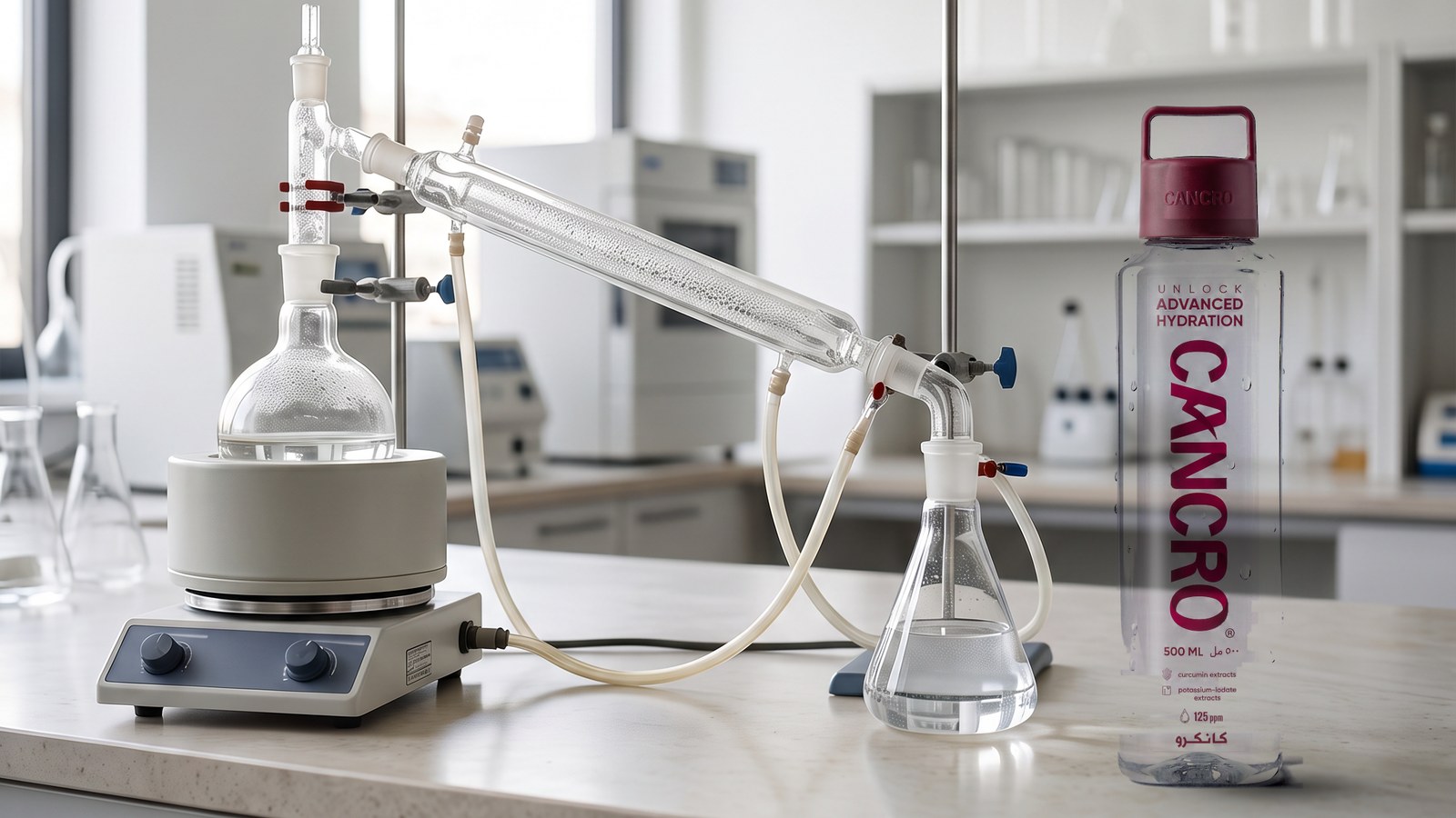 A glass vacuum-distillation setup on a laboratory bench beside a Cancro 500ml bottle