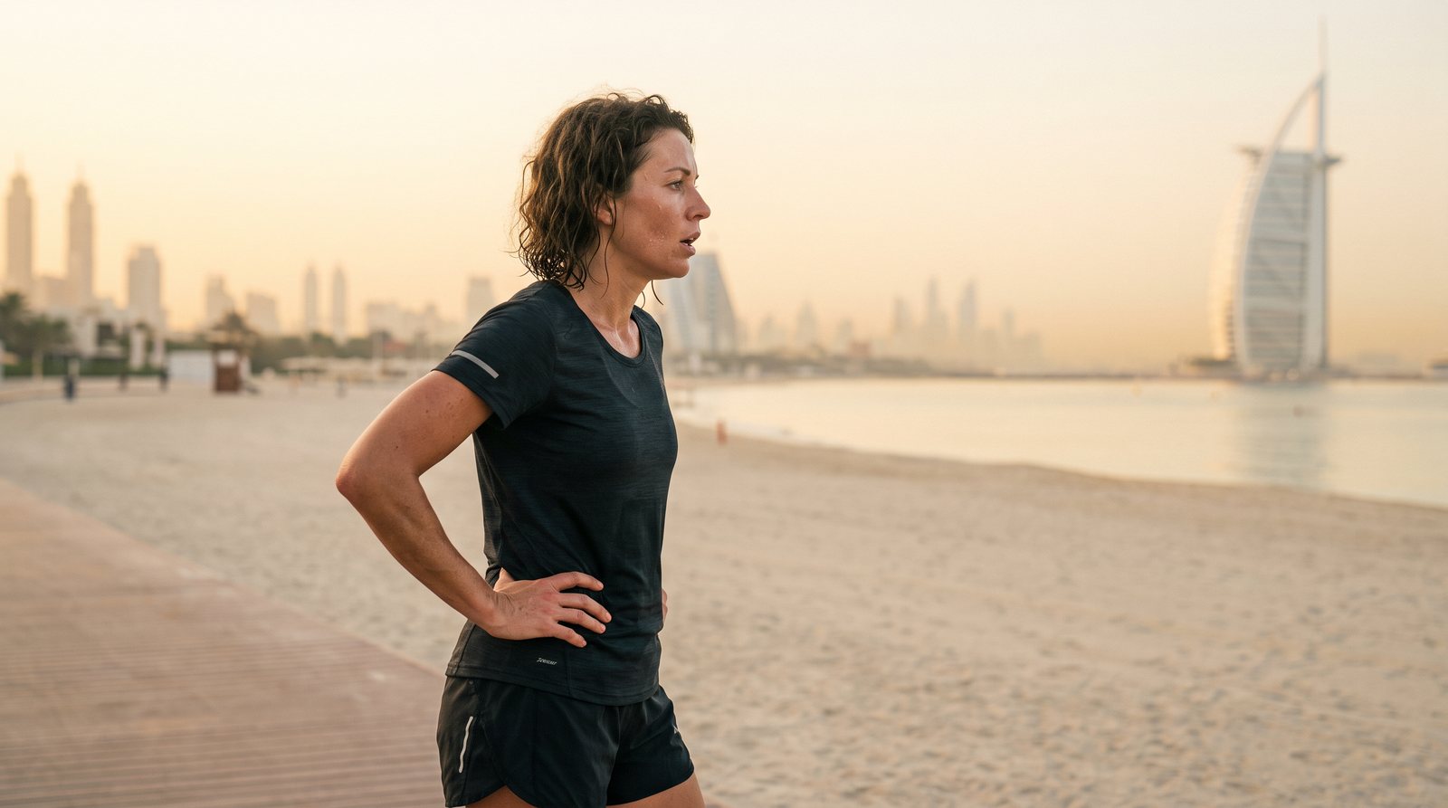 Woman catching her breath after a dawn run on a Dubai beach, hydration for training in Dubai heat