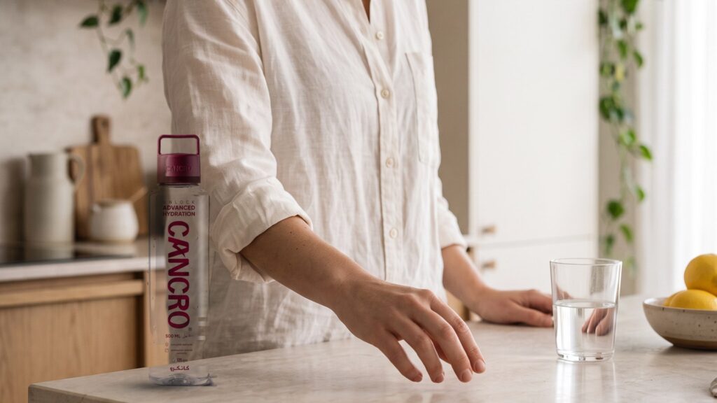 A woman in a bright kitchen reaching for a Cancro 500ml bottle on the counter, beside a glass of water